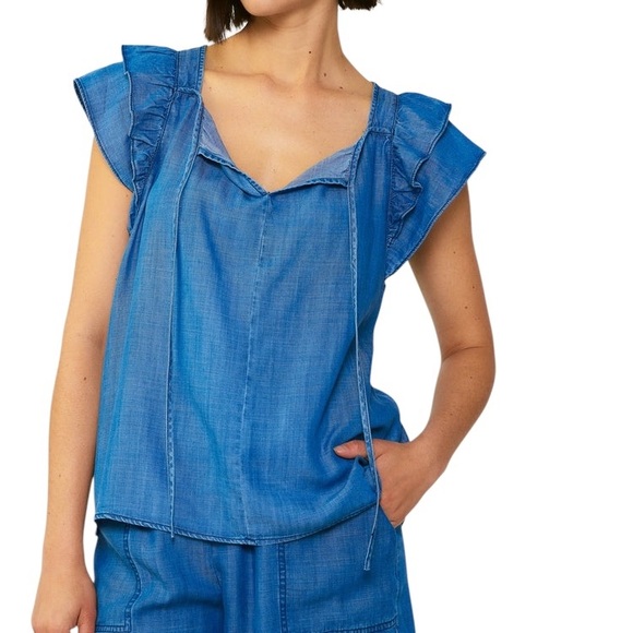 Current Air Blue Chambray Tie Neck Cutout Back Top - M - Picture 16 of 16